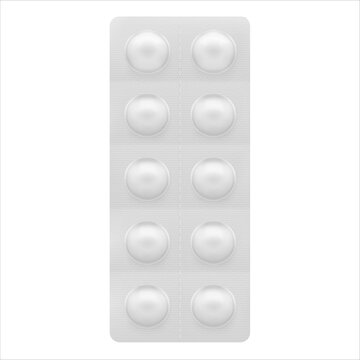 Silver blister packaging mockup with round pills, capsules for design, branding, presentation. 3D hight realistic editable vector illustration isolated on white background. EPS10.