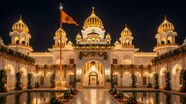 White Sikh Gurdwara temple building illuminated at night.