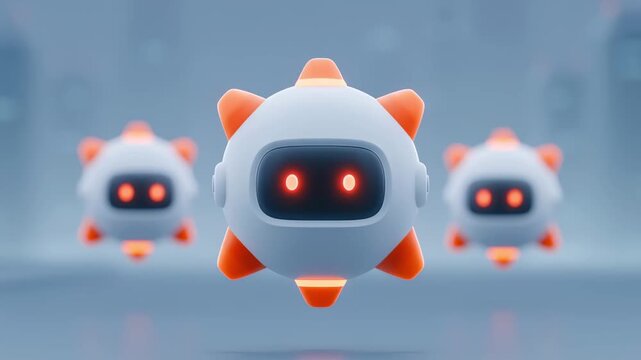 Futuristic evil robot drones with glowing red eyes flying together, representing concepts of cyber attacks, malware, and artificial intelligence threats in a clean, high tech environment