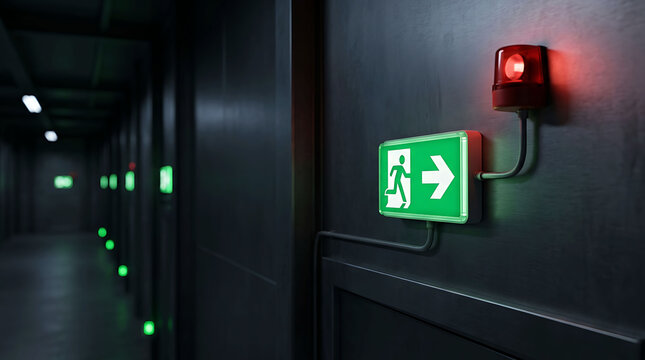 Industrial corridor emergency exit sign with red alarm light on dark wall