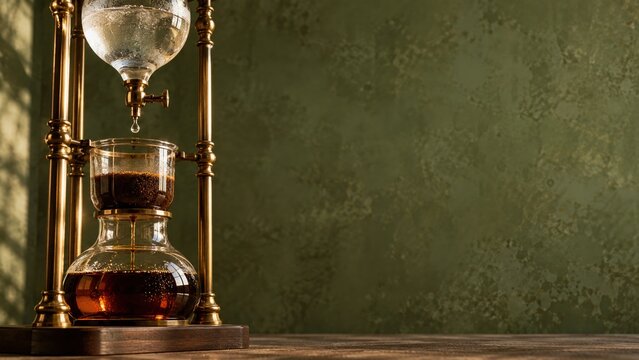 Vintage slow drip coffee maker with glass containers and brass frame on wooden surface with green background