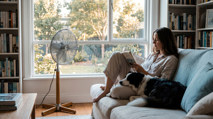 Plakat Woman reading book with dog on sofa at home by window