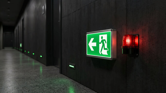 Modern industrial hallway with emergency exit sign and flashing red alarm light