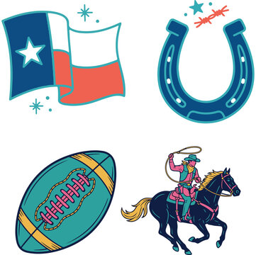 Texas state flag horseshoe football and cowboy vector sticker set