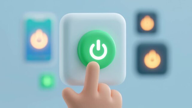 Cute cartoon finger pressing a green power button on a modern digital interface, symbolizing the start of a process, activation of technology, or turning on an electronic device