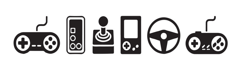Complete gaming peripheral set with controllers joystick handheld console and steering wheel black design. © RANA