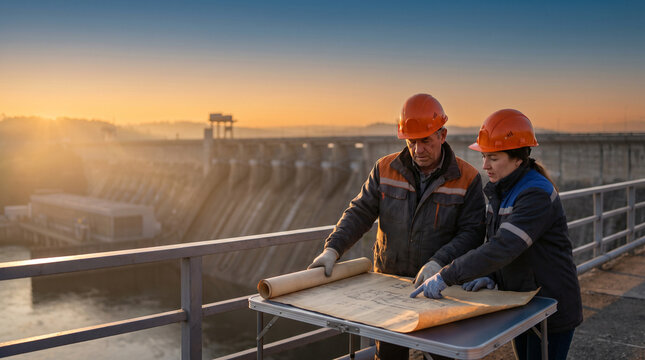 Engineers reviewing construction blueprints at a hydroelectric dam power plant at sunset.