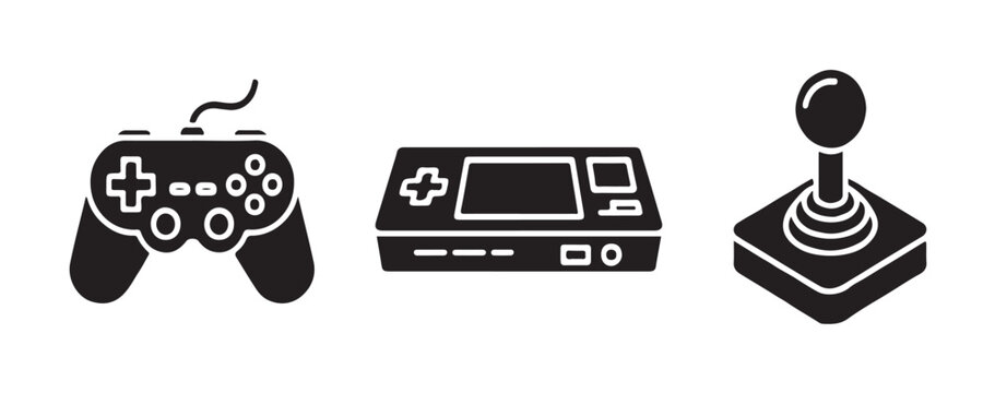Video game controller handheld portable device and joystick joystick silhouette icon flat design collection.
