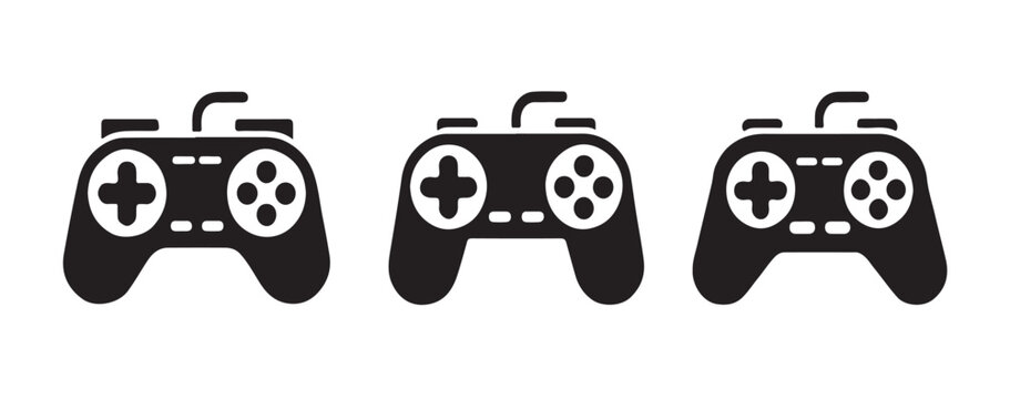 Three identical game console controllers in black silhouette flat design for gaming interface application.