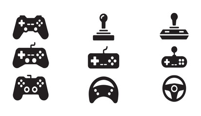 Gaming controller collection featuring gamepad and steering wheel icons for racing and console simulation. © RANA