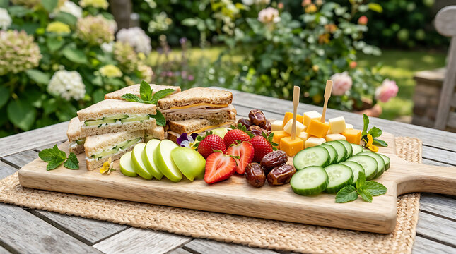 Elegant outdoor garden party spread, a delightful wooden charcuterie board featuring fresh cucumber sandwiches and vibrant fruit, perfect for summer entertaining.