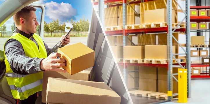 Warehouse delivery logistics. Courier scans a parcel before transporting customer orders from a storage facility for distribution and last mile delivery.
