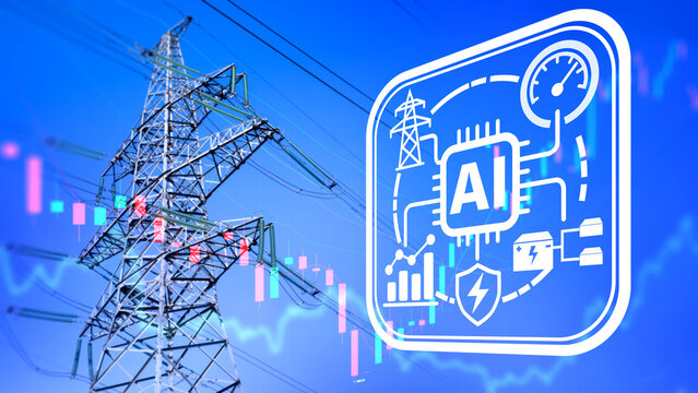 AI power grid management. Artificial intelligence controls electricity transmission, energy storage and power distribution through a smart electrical network.