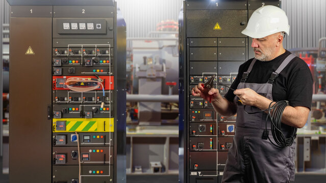 Electrical equipment maintenance. Electrician inspects cables and switchgear while servicing industrial power distribution and control systems.
