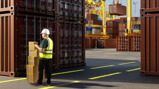 Container terminal logistics. Worker scans parcels beside shipping containers while cargo cranes handle containers for international freight transportation.