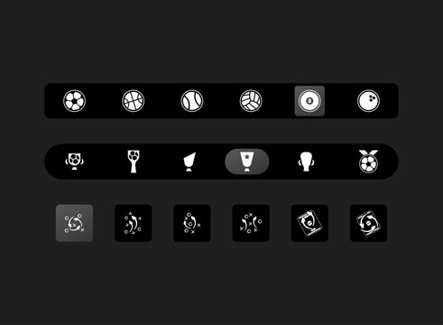 Modern dark sports icon set featuring football, basketball, tennis, volleyball, billiards, bowling, trophies, and tactical play diagrams. Clean monochrome vector-style graphics for sports websites