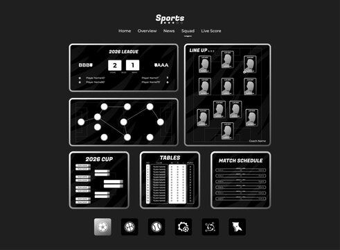 Modern dark chrome football sports UI dashboard featuring live scores, match statistics, team lineups, league tables, tournament brackets, schedules, and tactical formation graphics.