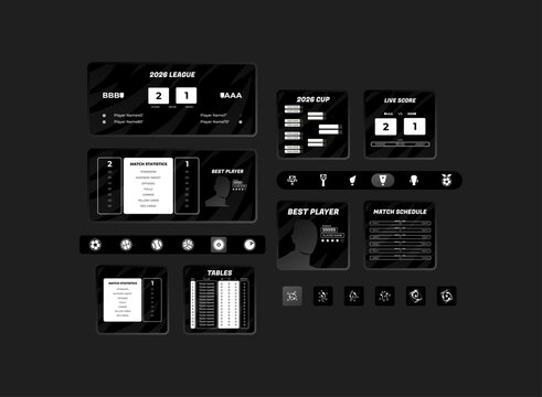 Modern dark sports UI dashboard featuring football match scores, league tables, player statistics, team lineups, tournament brackets, schedules, and live score widgets.