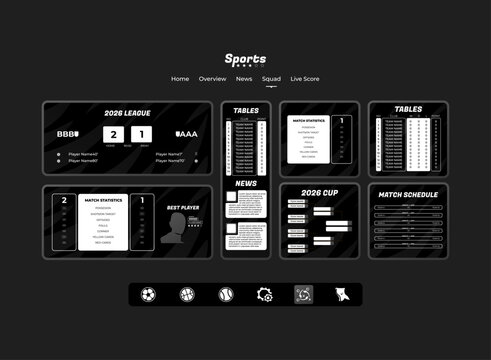 Modern dark sports UI dashboard with football scores, league tables, match statistics, team schedules, news, and tournament brackets. Sleek responsive interface for web and mobile design.