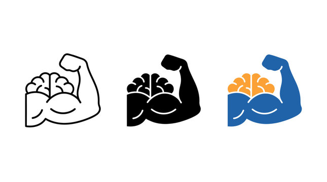 Set of human brain on muscular arm icons for strength concept
