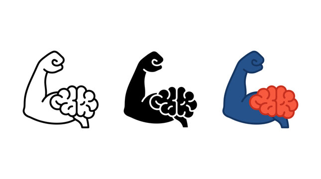 Set of human brain on muscular arm icons for strength concept