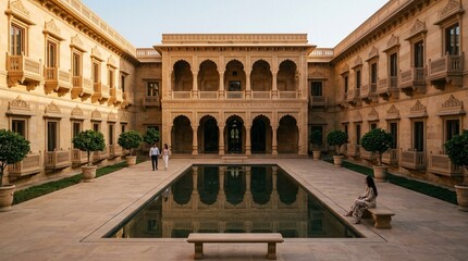 Obraz premium Serene Courtyard of Ancient Palace with Reflecting Pool and People
