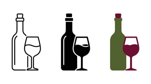Set of wine bottle and glass icons in three different styles
