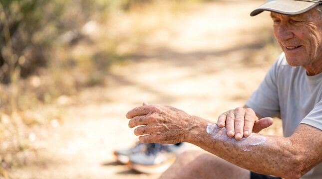Senior man applying sunscreen lotion on arm for skin protection outdoors