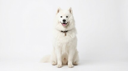 Fototapeta premium Happy Samoyed dog sitting in studio with white background, portrait
