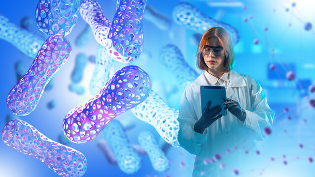Biotechnology laboratory. Scientist studies bifidobacteria research data on a tablet for microbiology analysis, probiotic development and biomedical innovation.