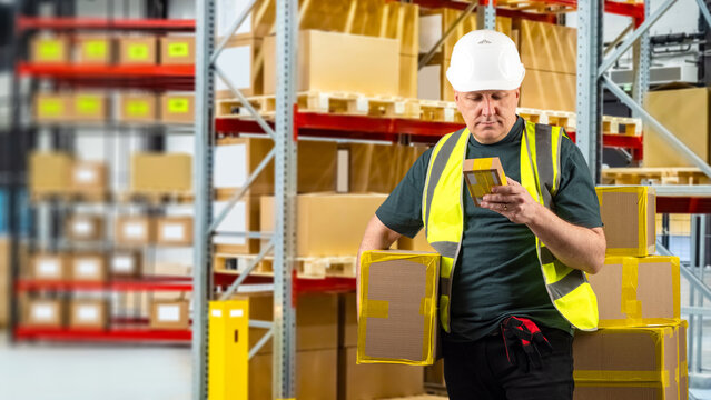 Warehouse. Logistics worker verifies parcel labels before shipment while inspecting packaged goods and managing inventory in a distribution center.