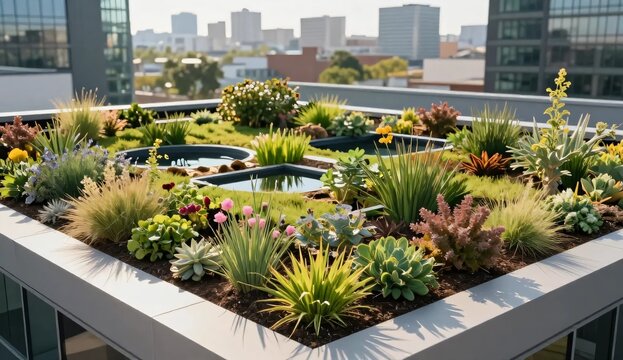 Modern rooftop pollinator habitat combining native flowering plants, water-retention zones and nesting materials to support urban biodiversity and climate-resilient architecture