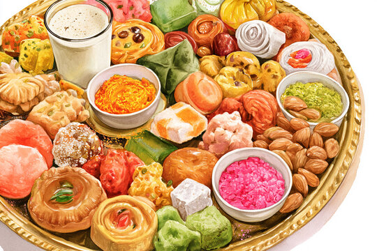 Watercolor full-frame illustration of a holi sweet platter with assorted indian sweets, a thandai glass and small bowls of powder, with a bold, saturated rainbow-toned arrangement