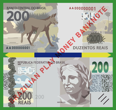 Vector set of Brazilian play money in flat style. Banknote. Obverse, reverse. Denomination, 200 reais. Brazil. Two hundred. Sculpture, portrait of Republic and animals. American fauna. Toon maned wolf