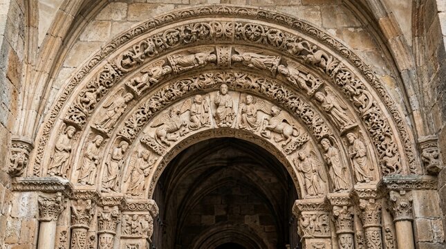 Intricate Romanesque Archway Carvings - Ancient Stone Sculpture Detail