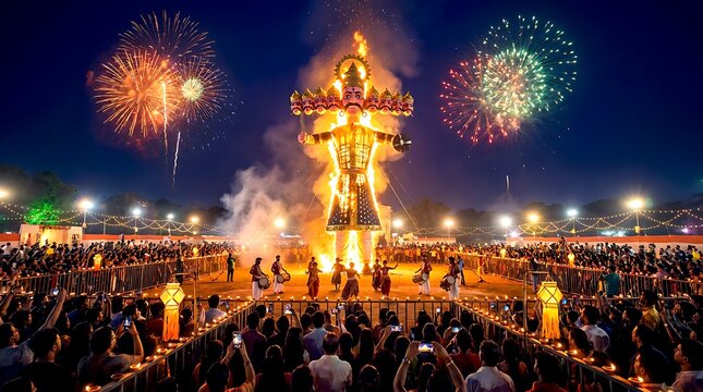 Burning effigy of Ravana during Dussehra festival celebrations in India.