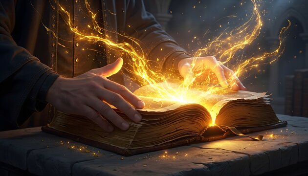 Mysterious ancient spell book opening with glowing golden magic light particles and mystical sparks emerging from the pages in the dark.