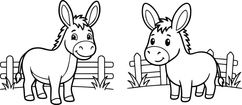 Cute donkey coloring page vector illustration. Black and white cartoon little donkeys for kids education