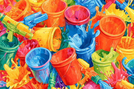 Watercolor full-frame illustration of holi buckets and water play props with colorful buckets, water guns and splashing colored water, with fine textured detail across the composition