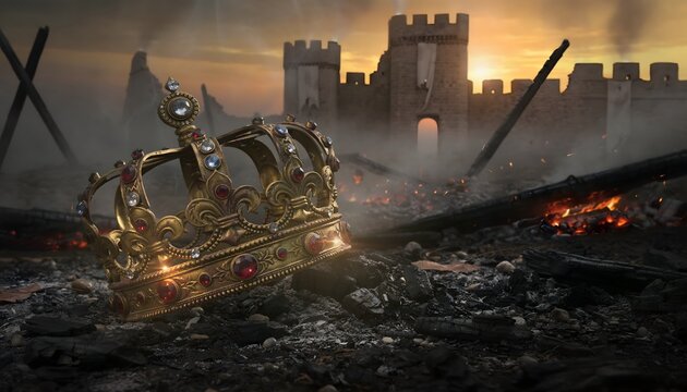Fallen golden royal crown lying abandoned in dirt and rubble on a dark battlefield with a distant burning medieval castle fortress.