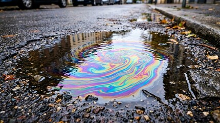 Obraz premium Oil Slick Rainbow Swirl in Puddle on Grungy Asphalt Street