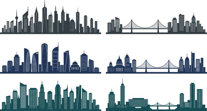 Modern Megacity Skyline and Suspension Bridge Silhouette Vector Collection for Urban Architecture Corporate Business Identity and Real Estate Graphic Designs