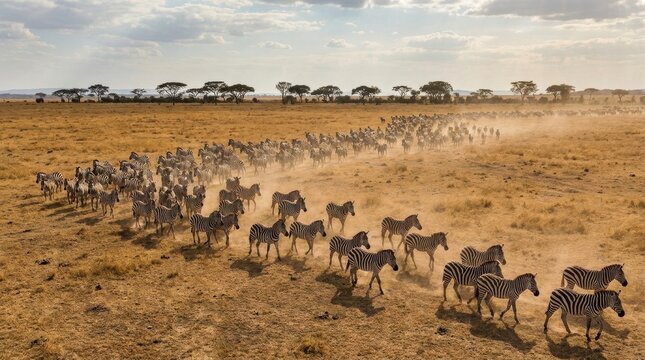 High angle view of zebra herd migrating across dry dusty savanna plain. African wildlife safari migration scene