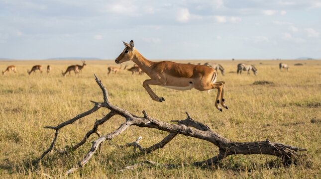 Antelope leaping over a dry wooden branch in the African savanna. Impala jumping over an obstacle on safari. Wildlife action photo