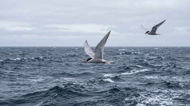 Arctic terns flying low over choppy ocean waves. Seabirds in flight over dark blue sea