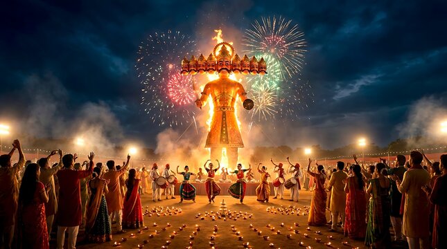 Grand Dussehra festival celebration with effigy of Ravana and fireworks.