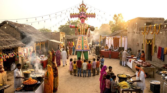 People gathered around Ravana effigy during Dussehra festival celebration in an Indian village.
