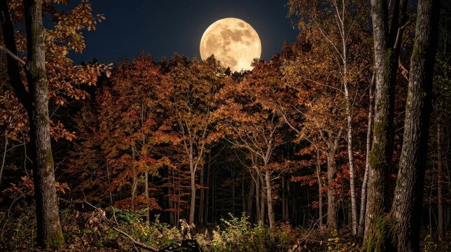 Full harvest moon rising over an autumn forest at night. Glowing golden moon shining above colorful fall trees. Seasonal landscape