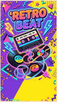 90s retro beat music party poster with audio cassette and vinyl records, colorful Memphis geometric design, suitable for mobile phone wallpaper, with copy space for custom text.