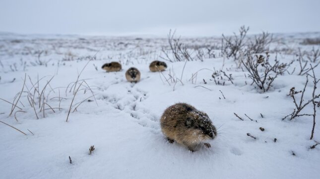 Brown lemmings running across the snowy tundra. Arctic rodents in their natural wild habitat during winter